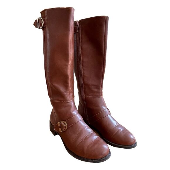Life Stride Tall Riding Boots Cognac Brown Vegan Leather Buckle Detail Zip 6.5 - Picture 2 of 10